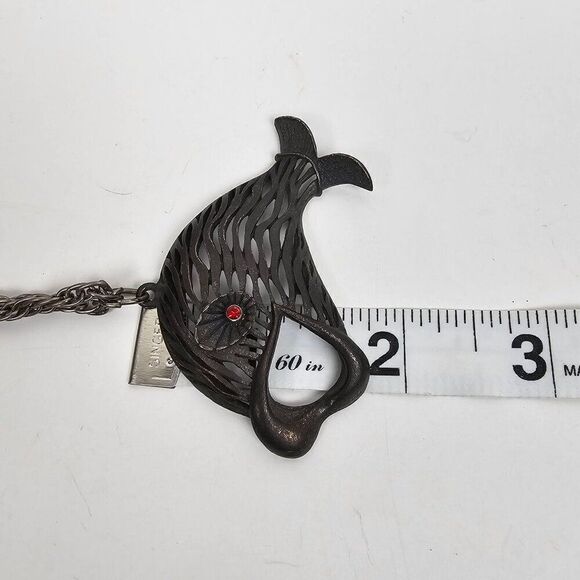 Vtg JJ Jonette Large Pewter Fish Pendant Necklace Open Mouth Red Rhinestone Eye - Picture 10 of 15